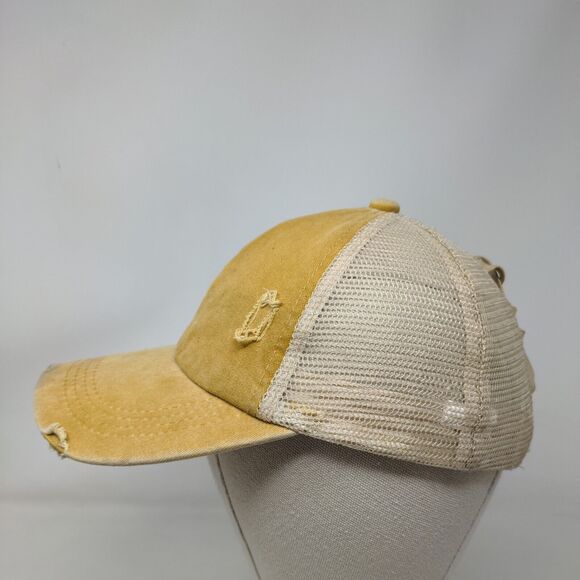 Women's Pontail Hole Strapback Mesh Back Hat Cap Tan Distressed Adjustable - Picture 3 of 8